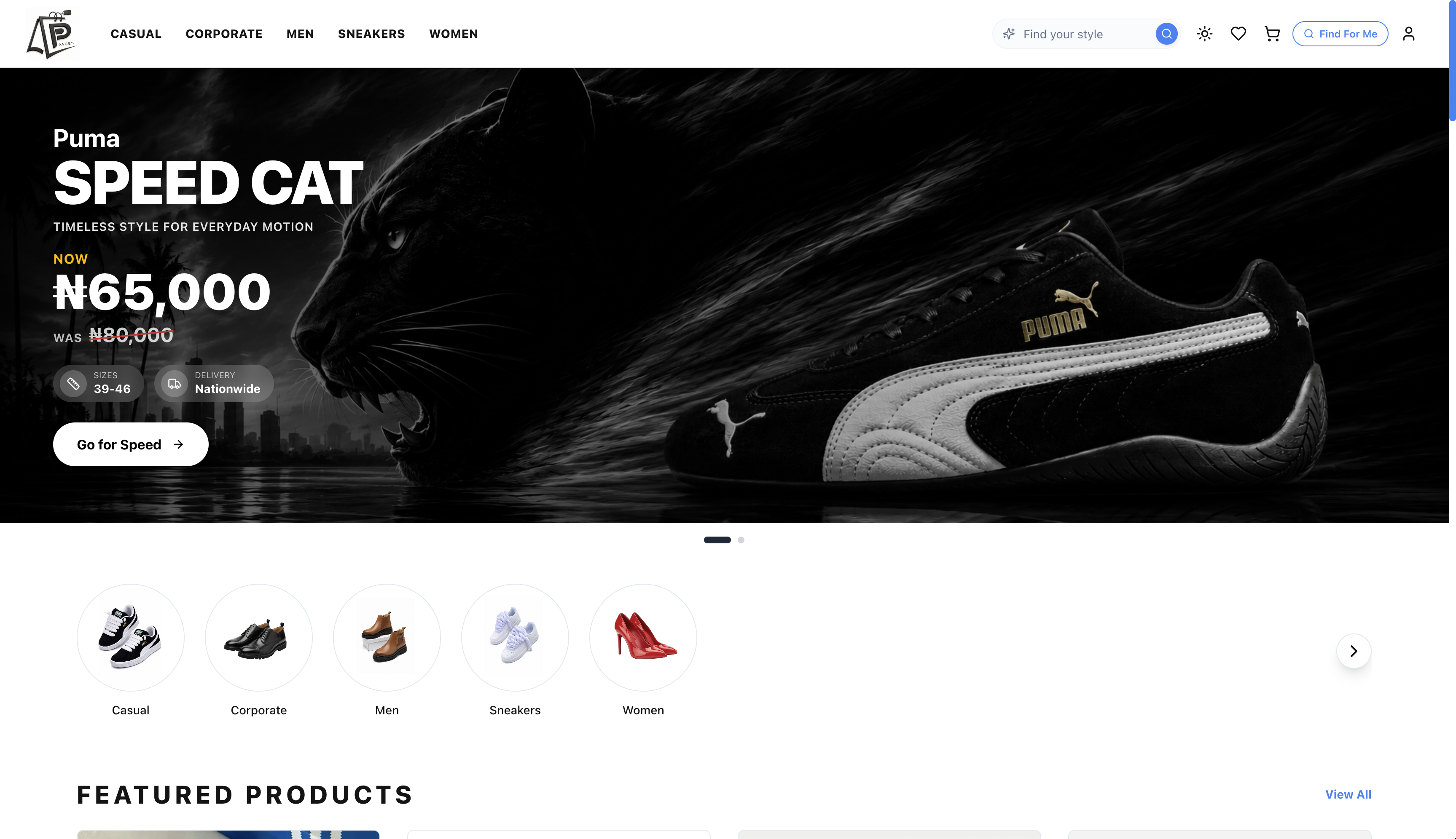 Pages storefront — footwear catalogue home page with a promoted sneaker banner